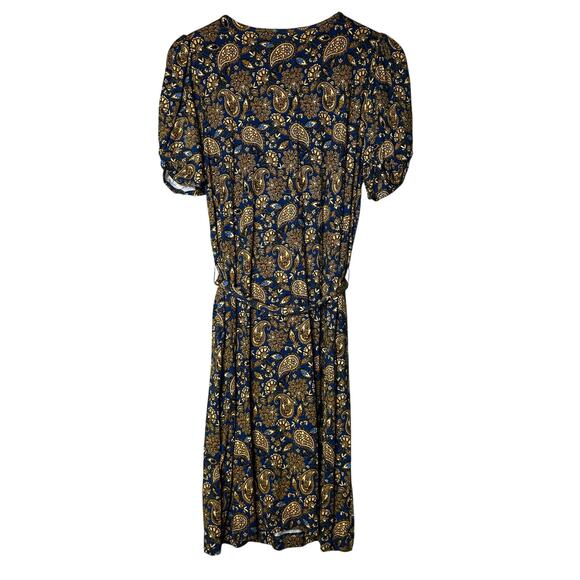 Boden Dress Size 10 Jersey Paisley Blue‎ Gold Waist Tie Preppy Minimalist - Picture 2 of 8